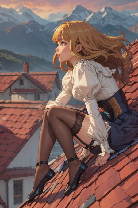 beautiful, (linework:1.1), <lora:detail_slider_v4:1.0>,
1 girl, adult  woman,  dark brown eyes, yellow layered hair, ombre, bangs,
<lora:GoodHands-beta2:0.8>,
solo, careful, confident,
side view, from side, full body, (leaning forwad:1.1), sitting on tiled rooftop, feet dangling, high altitude, building wall, looking down, mountains in background, roofs, wind blowing,
corset, skirt, puff sleeves,
garter straps, stockings,
(victorian theme:1.0),