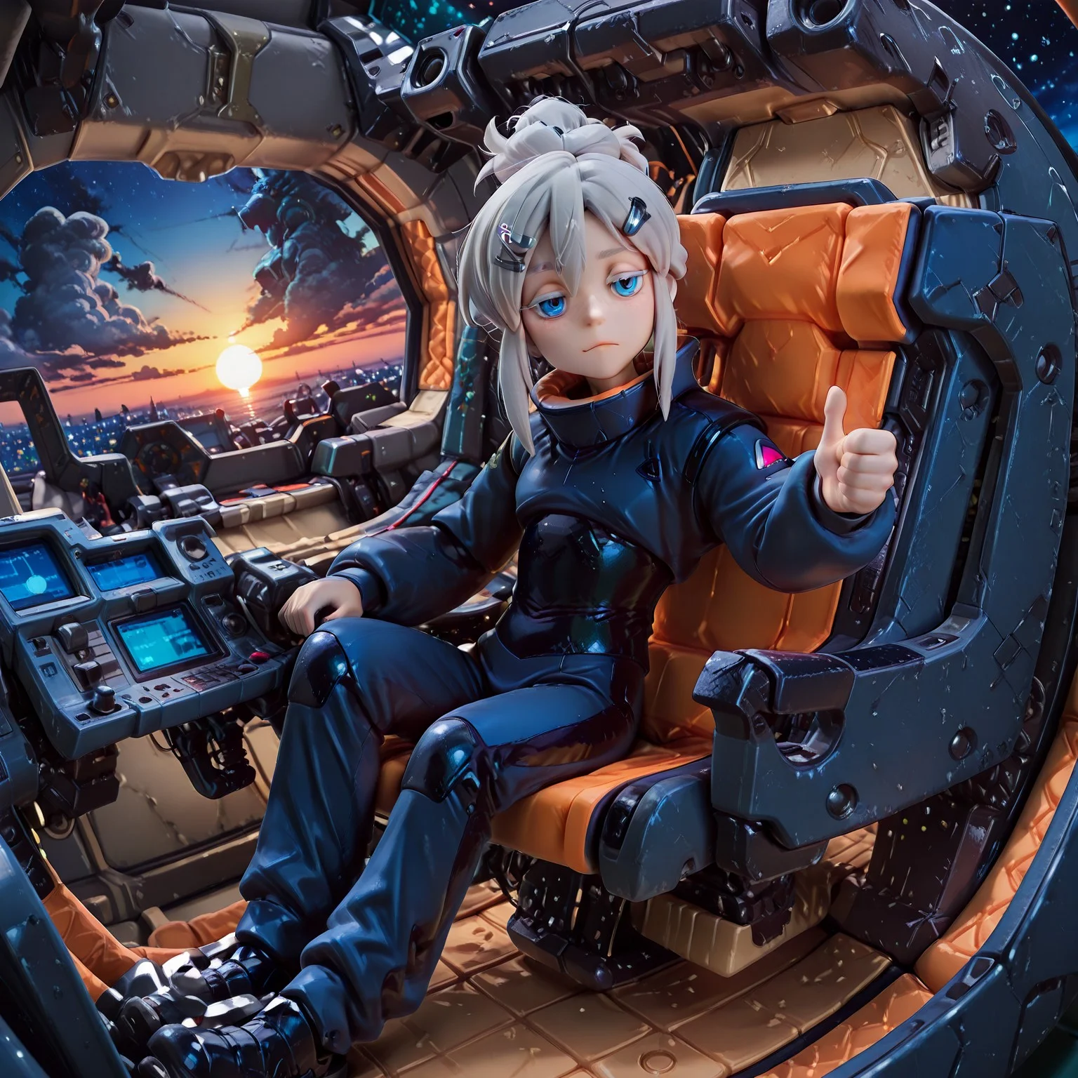 (clear photo style illustration,score_9,masterpiece,best quality,extremely detailed,clear depiction:1.2),(detailed background,high contrast,soft coloring,highres, absurdres, ultra-detailed face, beautiful face),
1person,solo,
Figure,
gundam_gquuuuuux_deux_murasame,
Blue eyes, white eyelashes,jitome,single hair bun,freckles on face,gray hair,thin,skinny,flat chest, black Pilot suit,hair clip,face at viewer,Raise corners mouth slightly,One-handed thumbs up,
sitting on Psycho Gundam cockpit,grip console,(sunrise, sci-fi city background, full body),dutch angle,