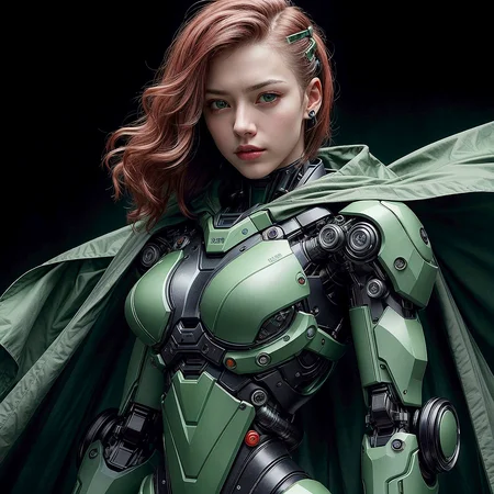 8k, Fujifilm, photography, ((green)) , female redhead assassin and green background, green eyes, American actress face, science fiction, lethal, cybernetic, cyberpunk, futurpunk, technological suit, dynamic pose, fighting stance, highly detailed, absurdres, (best quality), full armor, mecha, cybersuit, exosuit, cape, ((green solid background)), natural skin, photography, lifelike, sexy, busty, cyberpunk , futur, <lora:nijiarmor_anime_v2:0.5> ,fcPortrait, <lora:add_detail:1>, <lora:epi_noiseoffset2:1>,