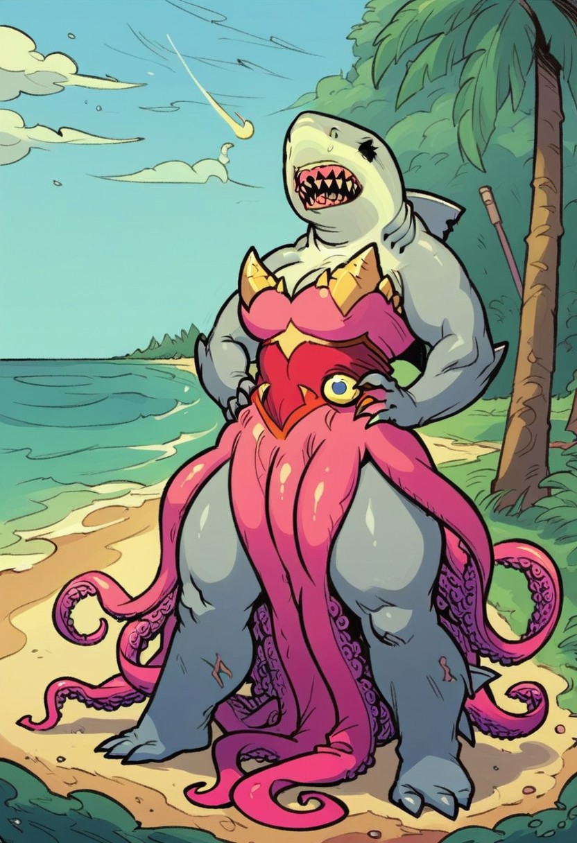 score_9_up, score_8_up, score_7_up, score_6_up, 1girl, solo, Prin_5hark, shark, anthro, monster girl, grey skin, large breasts, sharp teeth, claws, pink tentacle dress, black eyes, wicked grin, standing, both hands on hips, outdoors, beach, bright sunshine, (painted art)