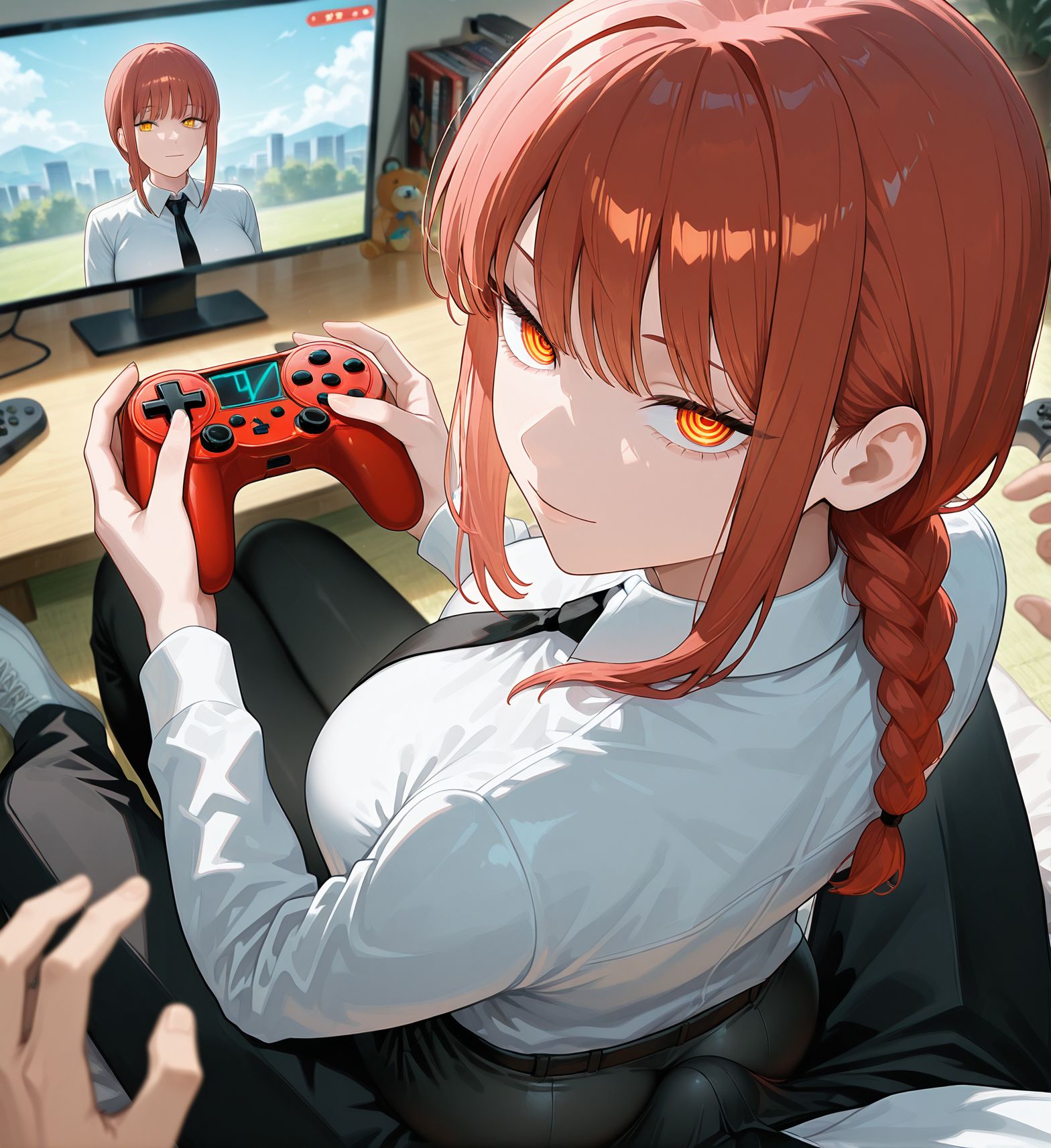 masterpiece, best quality, newest, absurdres, highres, detailed eyes, beautiful, 
detailed background, perfect eyes, anime coloring, anime screencap,
5fingers,
<lora:over-the-shoulder_perspective:1>over-the-shoulder_perspectiveV1,
1girl,1boy,
sitting,breasts,
hetero,controller,play game,
pov,sitting on lap, ass, 
over-the-shoulder_perspectivev,bulge, 
BREAK
makima \(chainsaw man\),  suit, 
denji \(chainsaw man\),