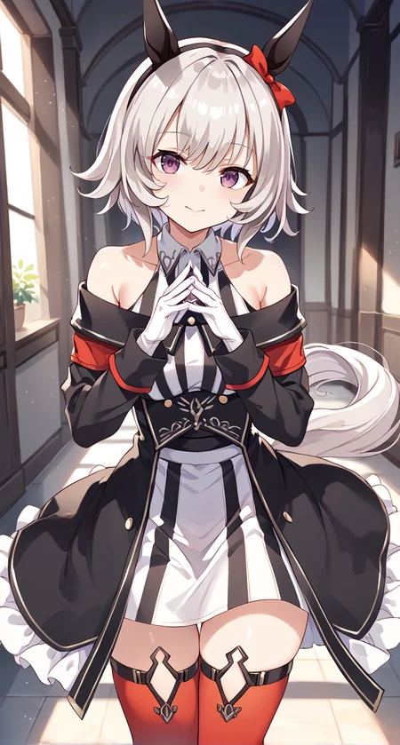 score_9,score_8_up,score_7_up,
official art,official style,game cg,megami magazine,
uncensored,
1girl,
crc race, curren chan (umamusume),
animal ears, bare shoulders, black coat, coat, gloves,
highres, horse ears, horse girl, horse tail, long sleeves,
off-shoulder coat, off shoulder, red legwear, short hair,
tail, white gloves, blush, ear covers, grey hair, hair between eyes,
red thighhighs, striped, thighhighs, violet eyes, black dress, boots, dress,
thigh-highs, ear ribbon, red ribbon, ribbon, white hair, black hairband,
bow, ear bow, hairband, red bow, off-shoulder dress, purple eyes,
striped clothes, striped dress, white dress, bangs, black jacket,
eyebrows visible through hair, jacket, vertical-striped dress, vertical stripes,
silver hair, collared dress, off-shoulder jacket, sleeveless, sleeveless dress,
standing,
<lora:umamusume_curren_chan_pony_v1.1:1>,