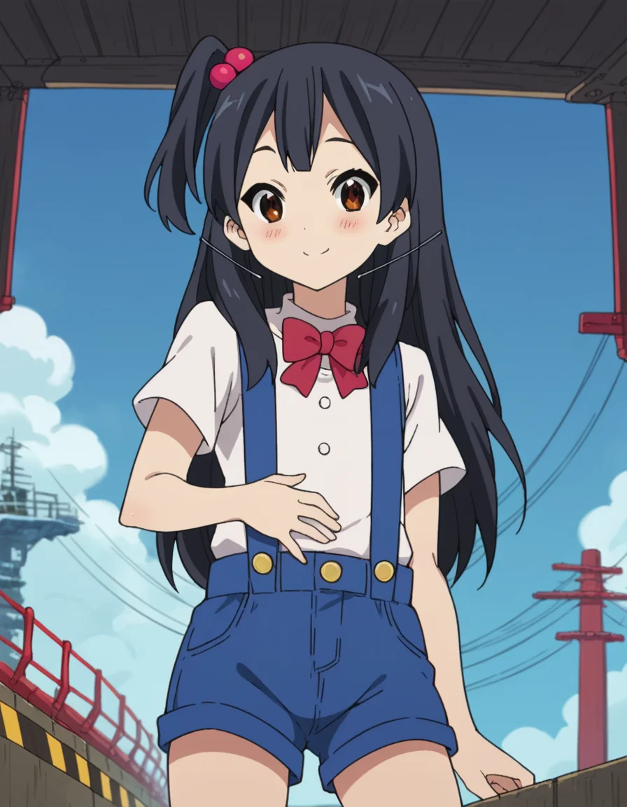 score_9, score_8_up, score_7_up, source_anime, <lora:anko-kitashirakawa-s1-ponyxl-lora-nochekaiser:1>, anko kitashirakawa, long hair, black hair, hair ornament, brown eyes, one side up, hair bobbles,, suspenders, shirt, white shirt, bowtie, red bowtie, buttons, shorts, blue shorts,, drydock, repair, ships, water, construction, smile, hand on stomach, blush,, looking at viewer, solo,, dutch angle, cowboy shot