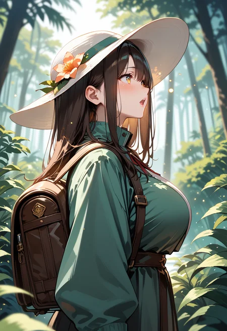 score_9, score_8_up, score_7_up, score_6_up, source_anime, absurdres, highres, sharp detailed, 4k, 8k, 16k, official art, sharp focus, character focus, epic,
1girl, solo, long hair, blush, open mouth, brown hair, black hair, long sleeves, hat, jacket, upper body, yellow eyes, outdoors, day, bag, from side, tree, profile, white headwear, sunlight, backpack, plant, nature, forest, green jacket, sun hat, jungle, huge breasts, thin waist, large hips,
rising particles, glowing particles, depth of field, 
 <lora:AuraGlow_Style_v1:1.0>