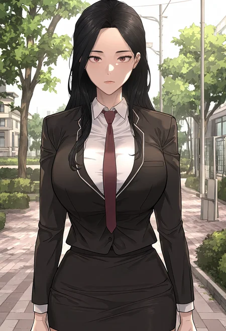 masterpiece, best quality, amazing quality, very aesthetic, absurdres, newest, scenery, 1girl, solo, huge breasts, <lora:Baek Chaerin illustxl:1.0> black hair, long hair, brown eyes, red eyes, lips, (forehead:0.8), school uniform, black jacket, long sleeves, white shirt, collared shirt, red necktie, pencil skirt, black skirt, miniskirt, school, park, (outdoors:1.1), standing, upper body, looking at viewer, shiny skin, anime screenshot, masterpiece, best quality, amazing quality, very aesthetic, absurdres, newest, scenery, volumetric lighting