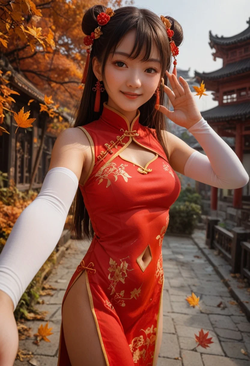 score_9, score_8_up, score_7_up, score_6_up, 
1girl, 25 years old, perfect face, looking at viewer, 
dark eyes, Chinese female,
long hair, brown hair, double bun, hair flower, hair ornament, 
china dress, ornament dress, chinese clothes, (clothing cutout), (navel cutout), orange dress, white elbow sleeve, 
white socks, 
autumn, autumn leaves, Chinese architecture, 
arm up, blush, smile, (selfie),