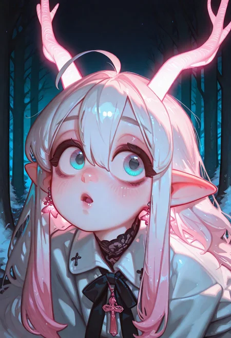 masterpiece,amazing quality,best quality,good quality,newest,highres,absurdres,volumetric lighting,very awa,very aesthetic, us4styl3, artist:moriimee, 1girl, :O, solo,ethereal deer girl, delicate facial features, large expressive eyes with shimmering highlights, soft parted lips, dreamy and melancholic expression, long flowing white hair with pink luminescence, (deer horns:1.3), (long horizontal pointed ears:1.2), smooth plastic-like skin texture, stylized girl, exaggerated facial proportions, large round face, sharp jawline, pale skin with pink blemish, (big expressive eyes:1.3), (soft pink blush:1.2), thick  eyelashes, eyeshadow, big eyes, blue eyes, ultra-detailed eyes,glossy lips,beautiful eyes,long eyelashes,perfect eyes,detailed iris,bags under eyes,  hair behind the ear, lush hair, hair between eyes, very long hair, two long locks hanging on the sides, long bangs, himecut, antenna hair, ahoge, (Looking sideways), cute pose, elegant lace choker, gothic and victorian fashion fusion, luxurious white fur coat, intricate silver cross necklace, glowing antlers, delicate earrings, lolitafashion, gothiclolita, (scenery, volumetric lighting), gradient color,raytracing,ambient occlusion, detailed, sharp focus, night, elegant color balance, cool and moody lighting, soft blue and pink neon glow, semi-realistic, high detail, (surreal winter forest:1.4), detailed background, cinematic close-up shot, gentle upward gaze, mystical and enchanting atmosphere