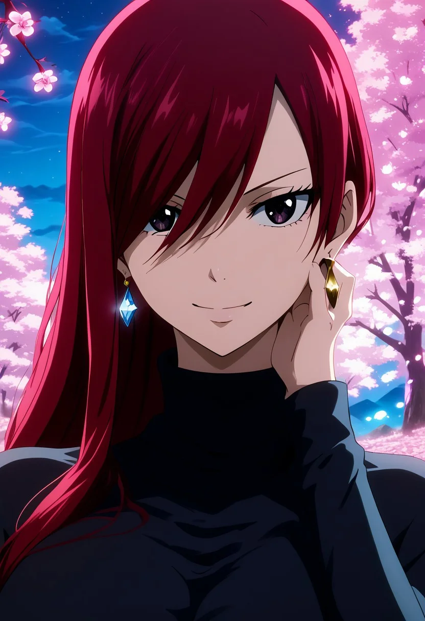 score_9, score_8_up, score_7_up, source_anime,
erzascarlet, <lora:erza-scarlet-ponyxl-lora-nochekaiser:1>
seductive, cherry trees,  background, red petals, big breasts, black turtleneck sweaters, blue diamond earrings, 4k frame, ultra realistic detailed, golden rings,outdoor, evening, red sea, blue night, purple lights, white lights flowers, red intense aura, high contrast, close up, face 4k, wind, hand on cheek,  face view, high angle, portrait, smiling, beutiful eyes, seductive looking at viewer