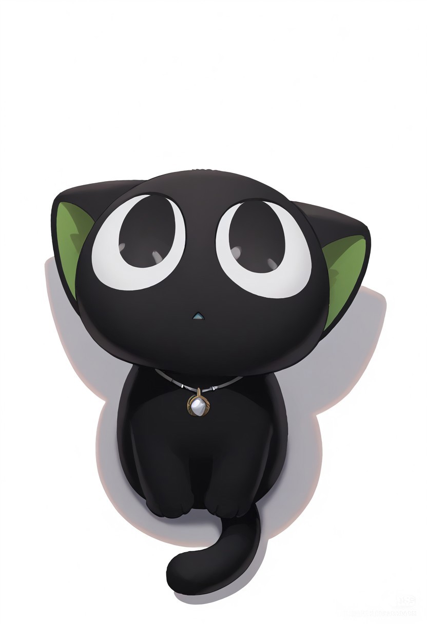 masterpiece, best quality, masterpiece,best quality, ,Simple background ,White Background ,necklace, black fur.tail,black cat,solo,:3,cat, animal focus, no humans, black cat, lying, solo, animal, full body, shadow, , looking up, black eyes, from above, looking at viewer