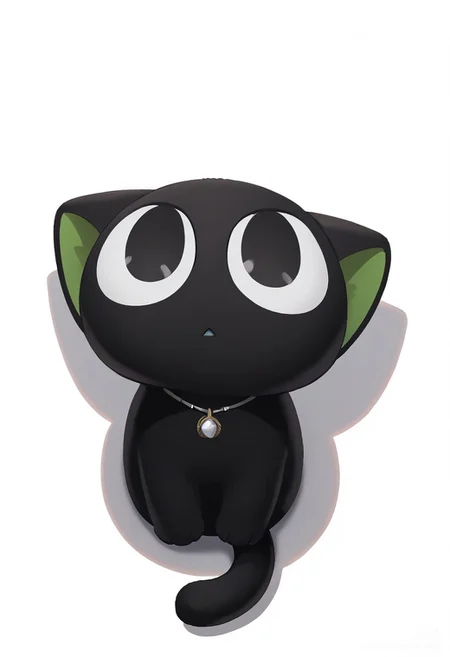 masterpiece, best quality, masterpiece,best quality, ,Simple background ,White Background ,necklace, black fur.tail,black cat,solo,:3,cat, animal focus, no humans, black cat, lying, solo, animal, full body, shadow, , looking up, black eyes, from above, looking at viewer