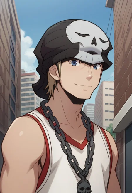 score_9, score_8_up, score_7_up, source_anime, highly detailed,
daisuke, 1boy, male focus, solo, blonde hair, blue eyes, tank top, beanie, chain, hat, standing, chain necklace, upper body, looking at viewer, smile,
outdoor, street, building, sky, cloud,