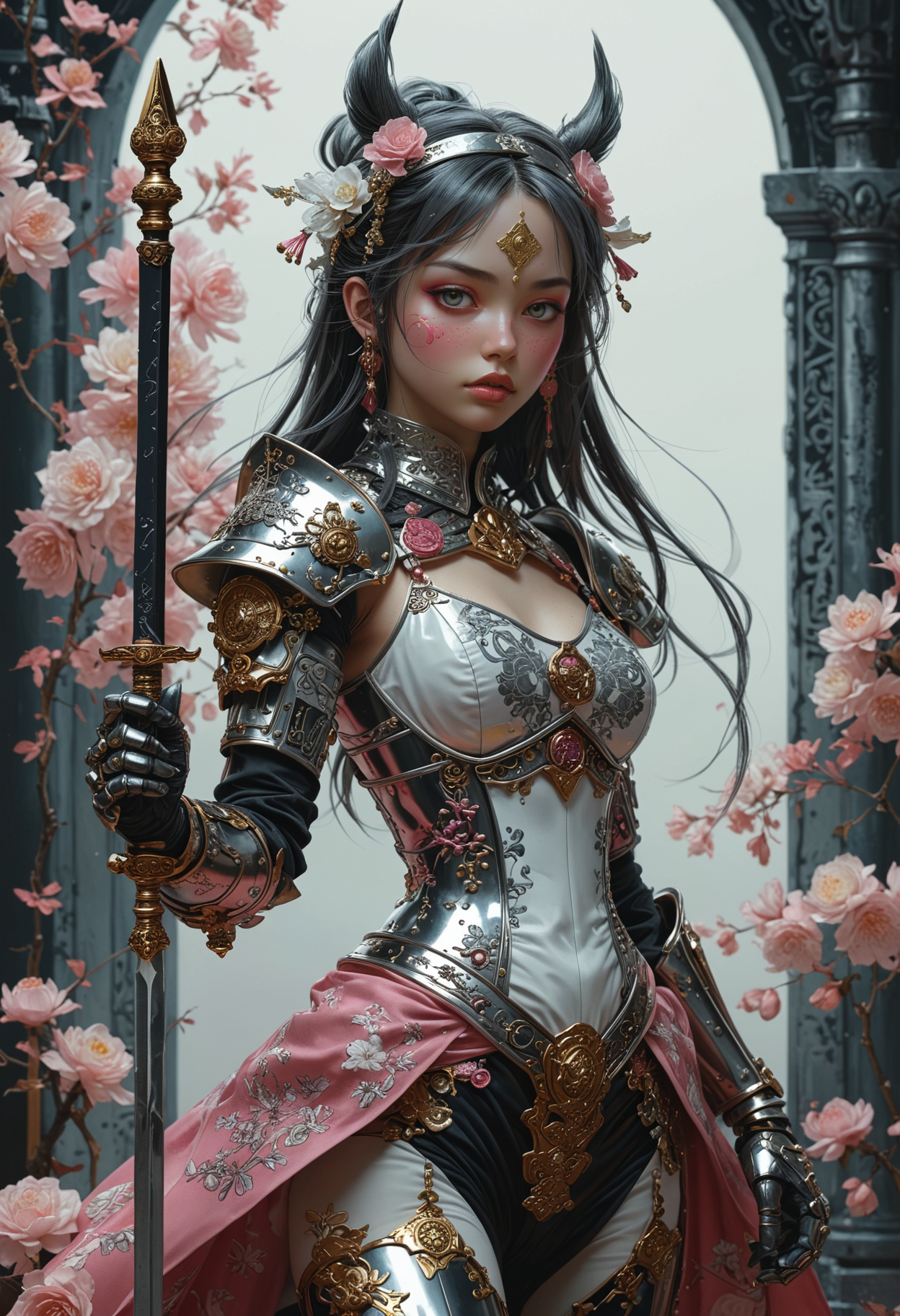 Yoshitaka Amano ~ Gris Grimly ~ Masamune Shirow ~ Tomer Hanuka ~ Bratz ~ Junji Ito ~ ultra detailed gorgeous  Knight of Coins, tarot card style, ocult~ esotericism ~ very detailed tarot card, Pink and white, Princess warrior holding fairypunk weapons.  This contrast between the fantastical character and the more bold color scheme and elements gives the piece an intriguing narrative quality. painted realism, photorealistic, 8k, fantasy digital art, HDR, UHD.  <lora:add-detail-xl:1> <lora:MJ52:0.5>