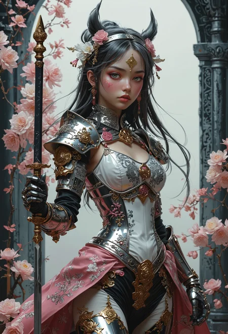 Yoshitaka Amano ~ Gris Grimly ~ Masamune Shirow ~ Tomer Hanuka ~ Bratz ~ Junji Ito ~ ultra detailed gorgeous Knight of Coins, tarot card style, ocult~ esotericism ~ very detailed tarot card, Pink and white, Princess warrior holding fairypunk weapons. This contrast between the fantastical character and the more bold color scheme and elements gives the piece an intriguing narrative quality. painted realism, photorealistic, 8k, fantasy digital art, HDR, UHD. <lora:add-detail-xl:1> <lora:MJ52:0.5>