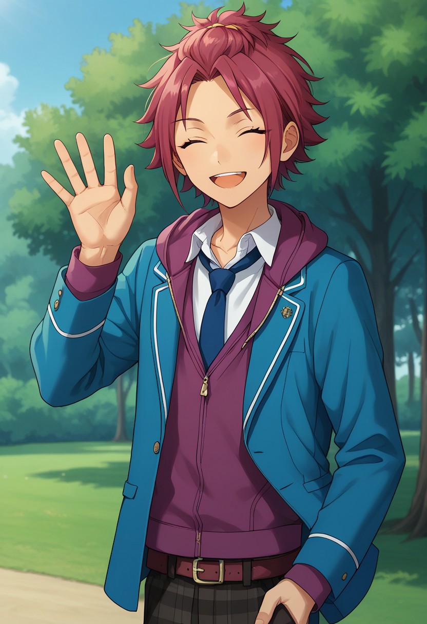 score_9, score_8_up, score_7_up, source_anime, highly detailed, 
maoisara, 1boy, plaid pants, male focus, solo, necktie, school uniform, closed eyes, open mouth, jacket, pants, plaid, blazer, hood, hoodie, purple hair, smile, looking at viewer, belt, blue jacket, purple hoodie, bangs pinned back, upper body, waving, hand up,
outdoor, sky, tree