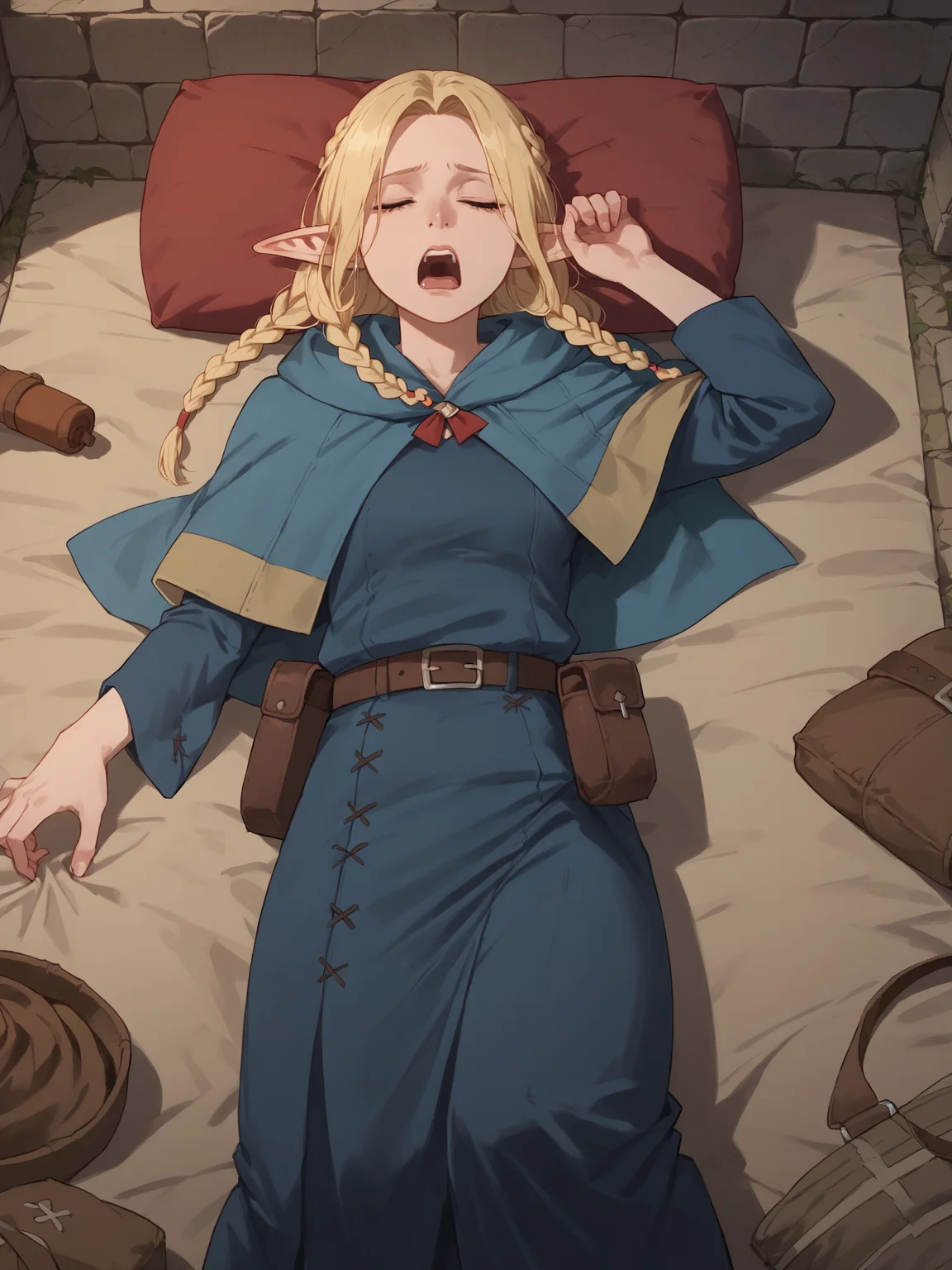 score_9, score_8_up, score_7_up, score_6_up, 1girl, elf, Marcilledonato, (angular face), blue capelet, twin braids, blue robe, belt, pouch, yawning,  lying on a sleeping bag, camping, deep shadows, stone dungeon, very clear image, detailed character design, ultra-high resolution, perfectly composed, clear, breathtaking attention to detail, highres, ultra detail, 8k wallpaper,