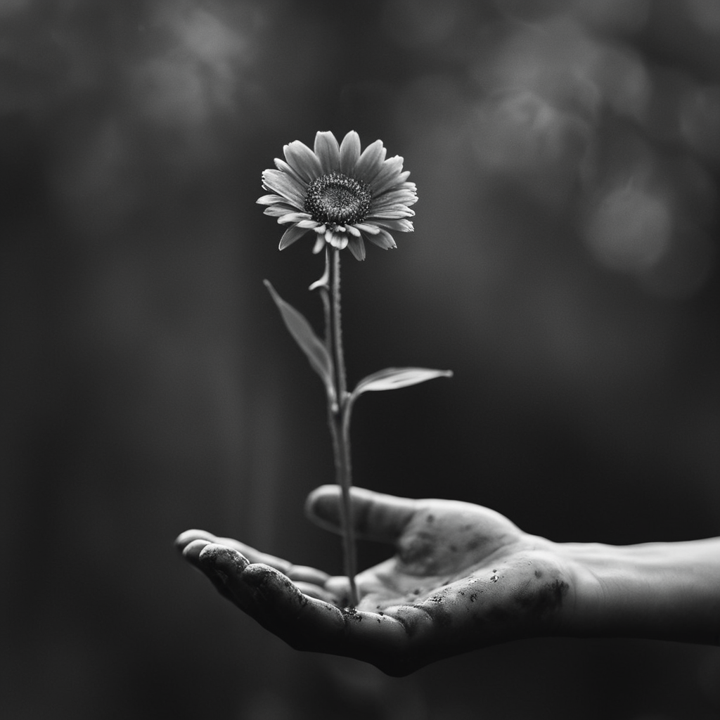 cinematic film still of <lora:Juxtaposition style:1>
From above, Juxtaposition of a dirty hand with a flower on it,solo,monochrome,flower,greyscale,blurry,depth of field,blurry background Juxtaposition, artistic, photography, dramatic light, dramatic shadow light, contrast, saturated color, cinematic, filmic, photographic, realistic, realism, perfection, perfect, Juxtaposed, opposite, different things, side by side, syncretism, antithesis, Juxtaposition style, shallow depth of field, vignette, highly detailed, high budget, bokeh, cinemascope, moody, epic, gorgeous, film grain, grainy