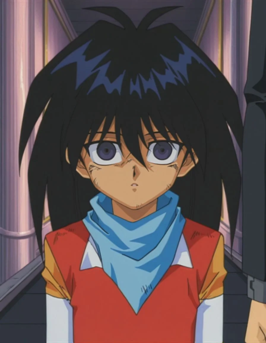 masterpiece, best quality, upper body, arms at sides, looking at viewer, face focus, plaid long sleeves,
<lora:Mind_Controlled_Mokuba_1:0.9>, m0ku, 1boy, black hair, long hair, purple eyes, retro artsyle, 1990s (style), scarf, hair between eyes,