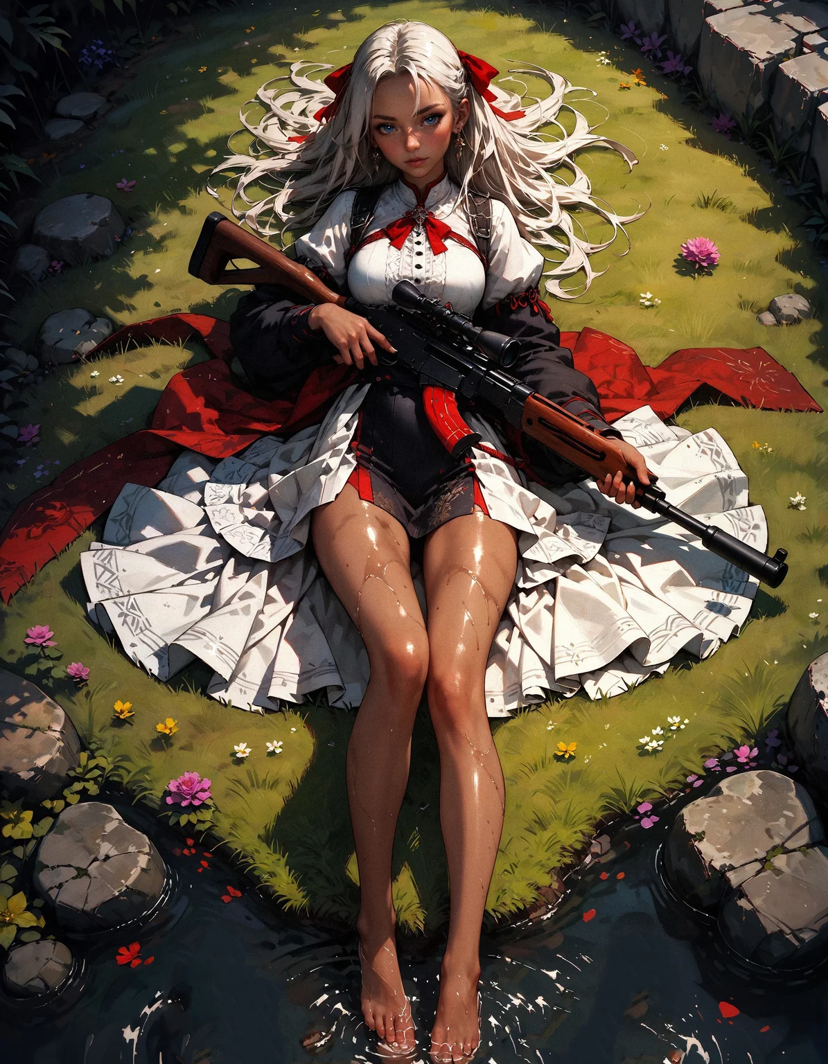 score_9, score_8_up, score_7_up, score_6_up, score_5_up, score_4_up, lower body, from above, lying prone, sniper rifle, head out of frame, solo, girl, feet, long legs, on tiptoes, barefoot, red ribbons on legs, soles, oiled skin, shiny skin, tan skin