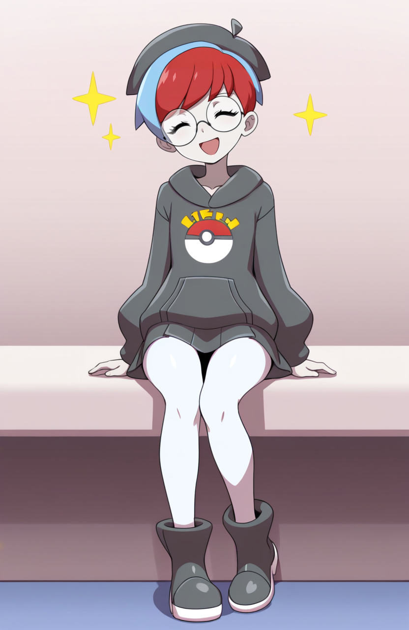 1girl, solo, 
, mod outfit, mini dress, long sleeves, white pantyhose, ankle boots, beret, penny_(pokemon), pale skin, slim, multicolored hair,glasses, petite,
sitting, head tilted upward, excited giggle, lively sparkle, anticipatory feel,  <lora:SevenSirens:1> svnsrn, extremely detailed, highres, masterpiece, best quality