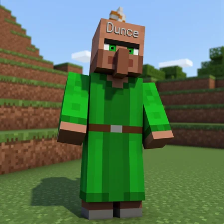 villager_mc, green robe. cone hat that reads dunce,
In the quiet corners of the Minecraft world, villagers live simple yet mysterious lives, their origins lost to ancient memory. Long before players ever arrived, these blocky folk built their scattered settlements from wood, stone, and faith in the old ways. Each villager, with their distinctive green eyes, broad noses, and solemn, blocky frames, carries on traditions passed down through countless seasons — farming, trading, and crafting the essentials of survival. They rarely speak, instead communicating through gestures and knowing looks, as if guarding ancient secrets about the world’s creation. Legends whisper that villagers were once great architects and scholars, who, after a forgotten cataclysm, chose a life of humble isolation. Their villages, cradled between mountains, forests, and plains, pulse quietly with life, protected by iron golems and bound by an unspoken pact with the land itself — to endure, to trade, and to remember.