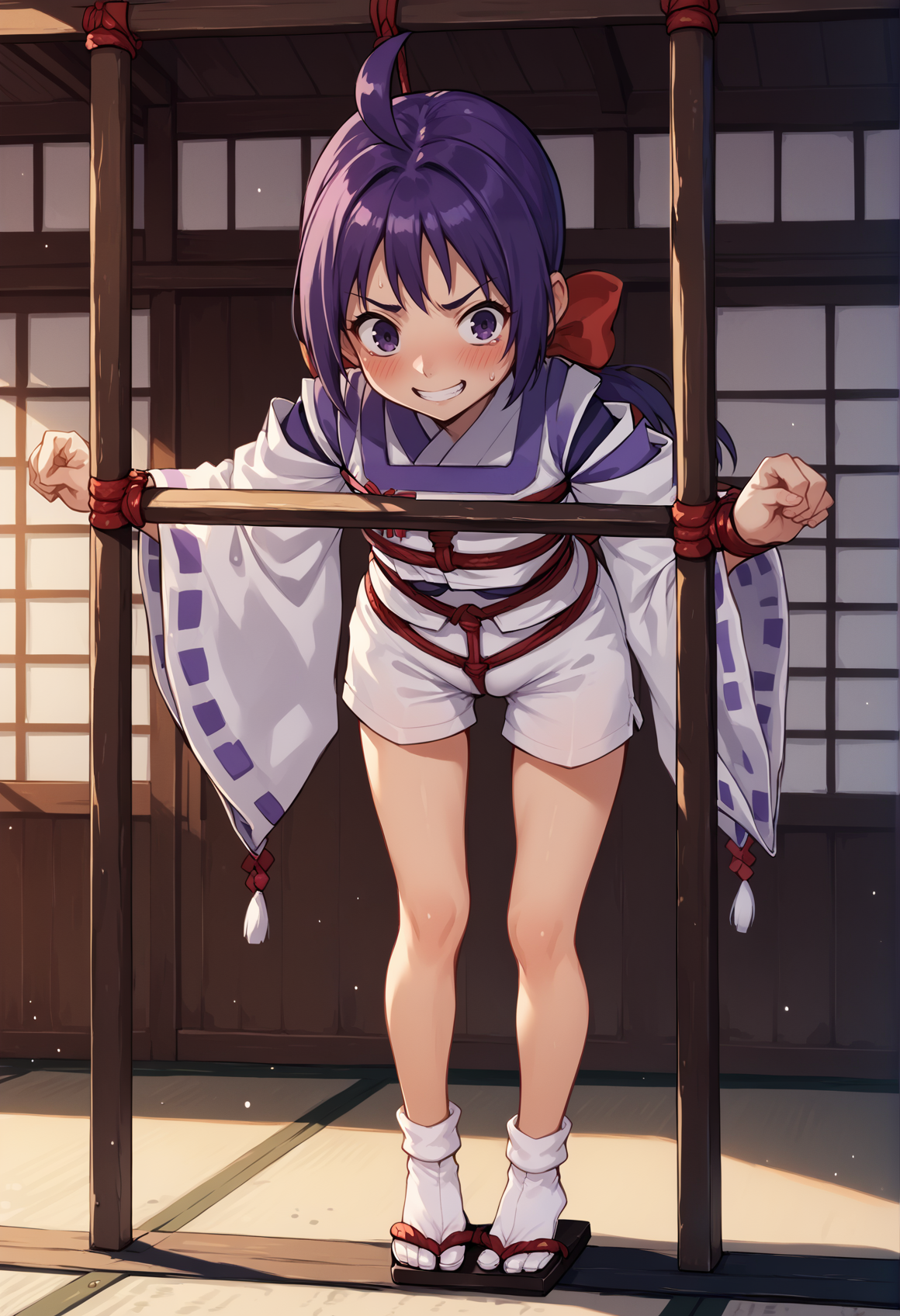 1girl, long hair, purple hair, ahoge, low ponytail, ribbon, purple eyes, japanese clothes, wide sleeves, onmyouji, shorts, tabi, ribbon-trimmed sleeves, white socks, full body, restrained, shibari, bdsm, hanging, indoors, blushing, nervous smile, japanese house <lora:Akari_Ichijou_Last_Blade_XL:1>, score_9, score_8_up, score_7_up, score_6_up, score_5_up, score_4_up, BREAK source_anime, masterpiece