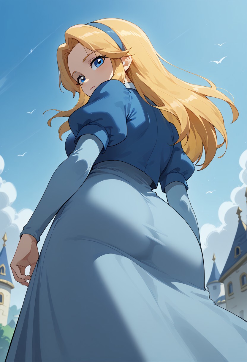 score_9, score_8_up, score_7_up, woman, from below, from behind, cowboy shot, seductive look, tight clothing, skindentation, long hair, blonde hair, blue hair, hairband blue dress, puffy sleeves, large breasts, unifiedmaria, lively carnival with rides, games, and cotton candy stalls <lora:frombelowv11_PONY:1>