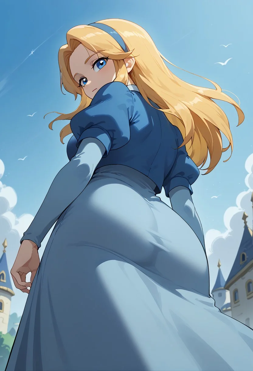 score_9, score_8_up, score_7_up, woman, from below, from behind, cowboy shot, seductive look, tight clothing, skindentation, long hair, blonde hair, blue hair, hairband blue dress, puffy sleeves, large breasts, unifiedmaria, lively carnival with rides, games, and cotton candy stalls <lora:frombelowv11_PONY:1>