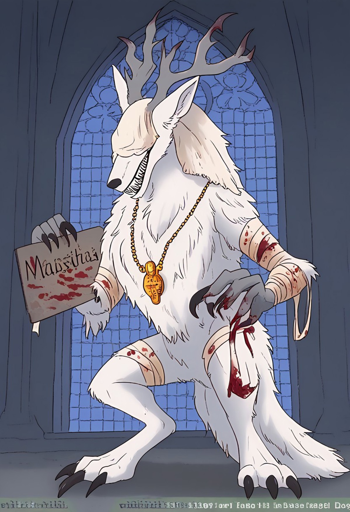 w1k1h0w, bbvicamelia, white fur, sharp teeth, claws, paws, digitigrade, golden pendant necklace, bloody bandages, holding placard, sign, church background