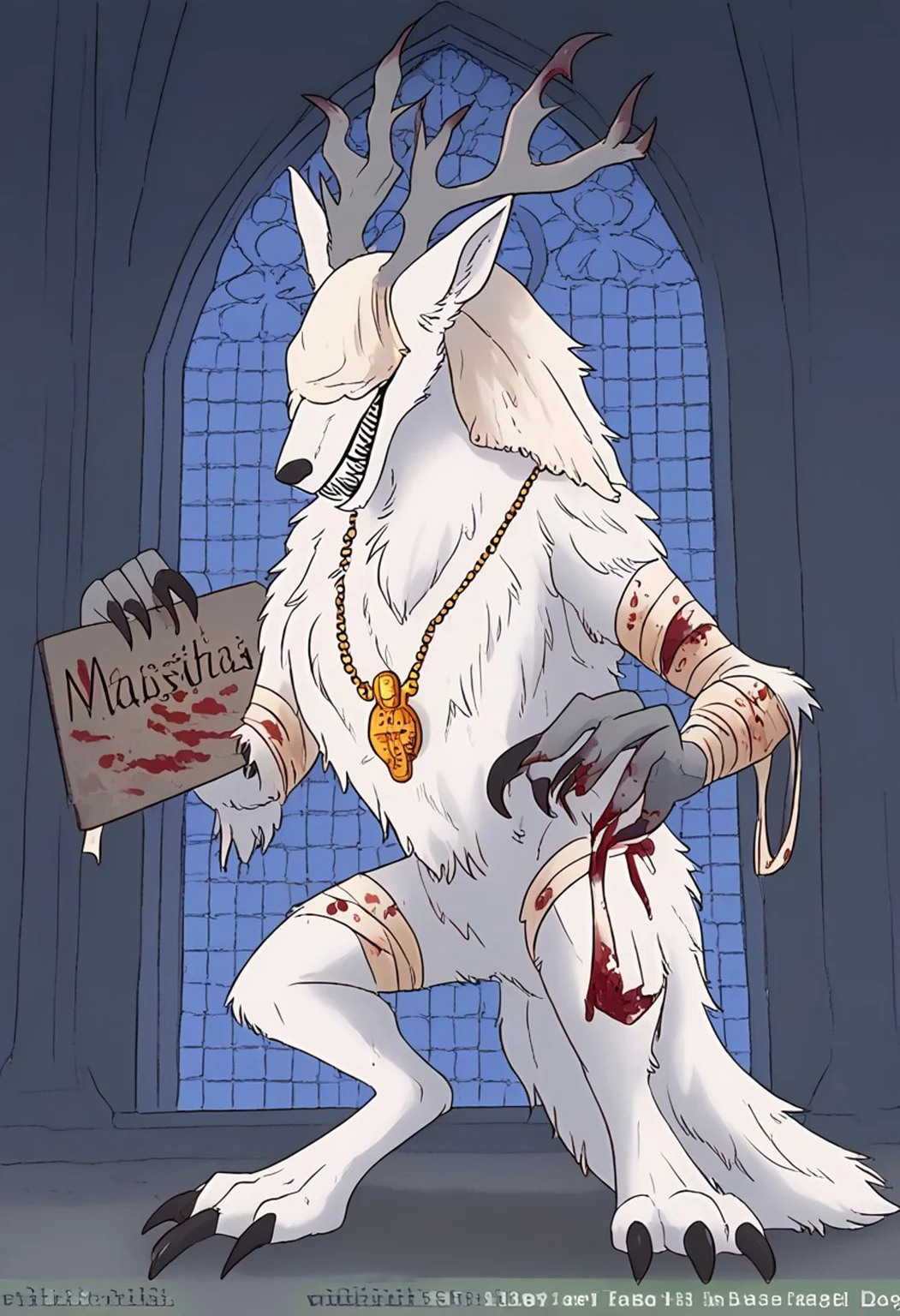 w1k1h0w, bbvicamelia, white fur, sharp teeth, claws, paws, digitigrade, golden pendant necklace, bloody bandages, holding placard, sign, church background