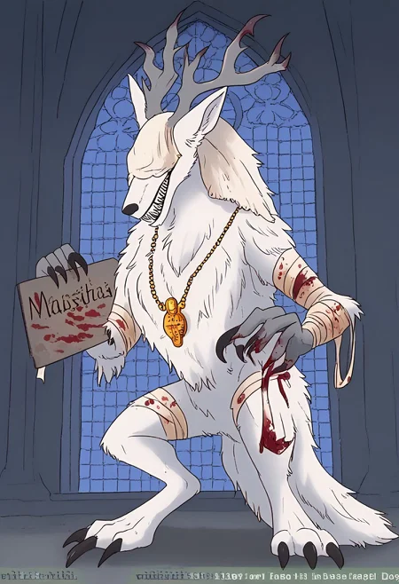 w1k1h0w, bbvicamelia, white fur, sharp teeth, claws, paws, digitigrade, golden pendant necklace, bloody bandages, holding placard, sign, church background