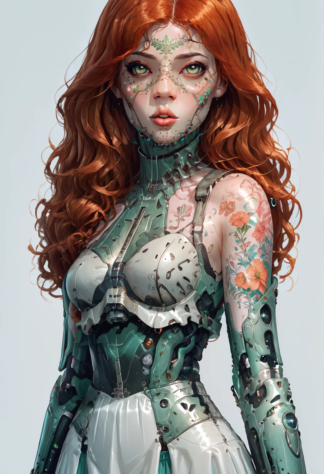 score_9,score_8_up,score_7_up,score_6_up,score_5_up,score_4_up,1 girl,solo,female focus,looking at the spectator,(Oval face, almond-shaped green eyes, full lips, shoulder-length wavy auburn hair, 5'6", 120 lbs, medium breasts, narrow waist, hourglass figure, a sleeve tattoo on the right arm, light olive skin, high cheekbones, and a delicate dimple on the left cheek when smiling.:1.3),(A pastel green lace bra combined with a white puffy mini skirt, complemented by soft green high heels on a platform, showcasing delicate lace details and a skirt made of fine chiffon, creating a fresh and elegant ensemble.:1.3),(plain contrasting background:1.3),(full-length:1.5),hands,Perfect hand,Perfect feet,Perfect eyes,cyb0rg,science fiction,cable,mechanical parts,<lora:feet v3:1>,<lora:hand 4:1>,<lora:PerfectEyesXL:1>,zPDXL2,zPDXLpg,<lora:cyb0rgXLP:0.8>,<lora:add-detail-xl:1>,<lora:DP-Pony:1>,p33rs,<lora:incase-ilff-v3-4:0.2>,