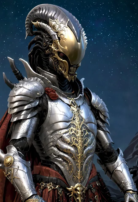 An insanely Detailed Divine Xenomorph, elfish, Golden and silver in color, cyberpunk, a crimson tinge to the golden color, Hyperdetailed, Omnipresent, Beautiful, Sinister overtones, otherworldly,((masterpiece, best quality)), fantasy, solo, 1 alien knight, silver armor chestplate with silver medieval ornaments and runes, galactic night sky background, perfect composition, sidelighting, outdoor,Ornamental armor