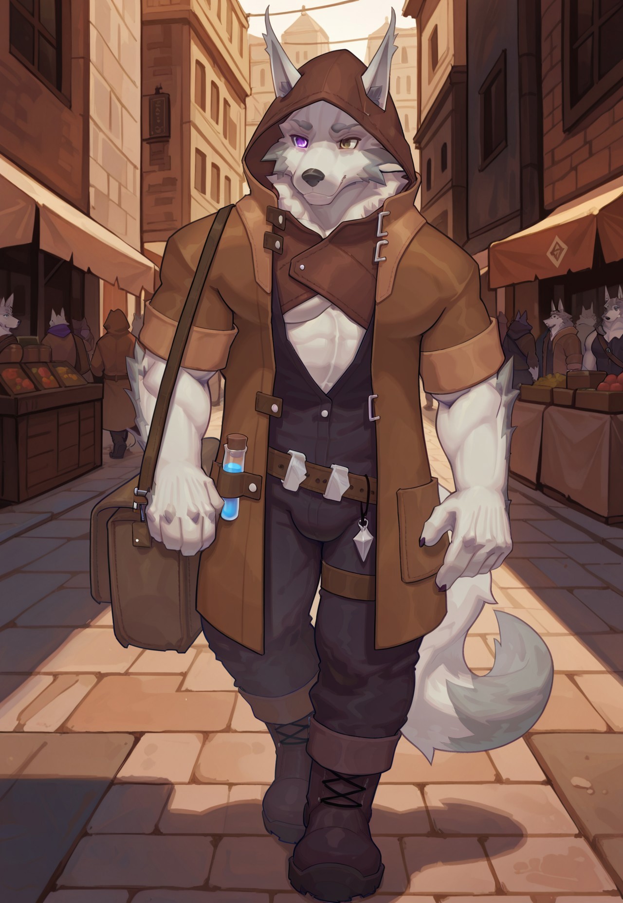 masterpiece, best quality, amazing quality, 1boy, solo, furry male, bara, resque, wolf boy, heterochromia, purple eyes, brown eyes, brown jacket, open jacket, black jumpsuit, test tube, hood up, boots, walking on street, marketplace, bag, outdoor, crowd
