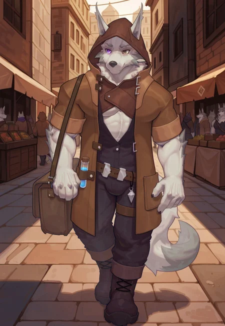 masterpiece, best quality, amazing quality, 1boy, solo, furry male, bara, resque, wolf boy, heterochromia, purple eyes, brown eyes, brown jacket, open jacket, black jumpsuit, test tube, hood up, boots, walking on street, marketplace, bag, outdoor, crowd
