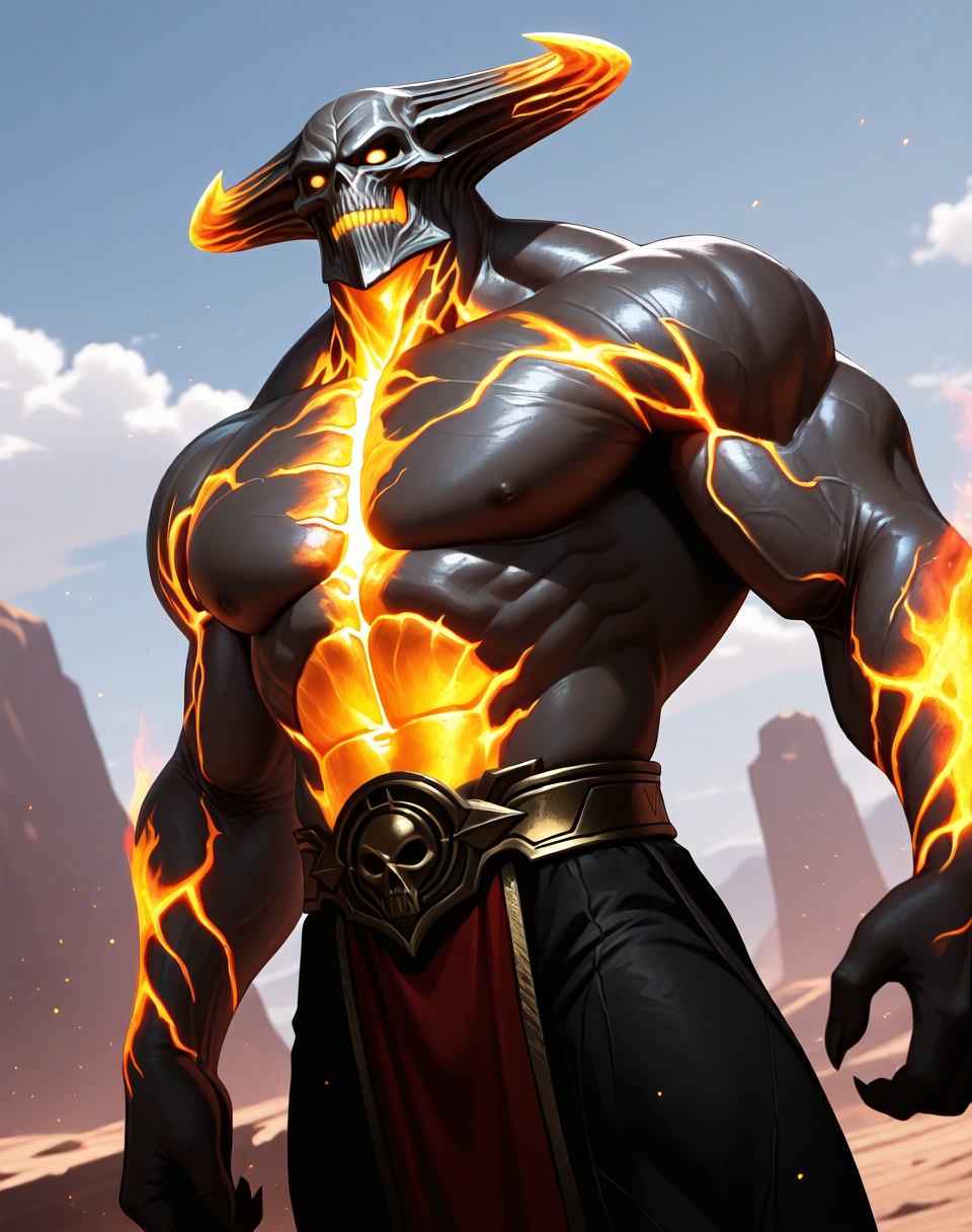 <lora:Corrupted_Shinnok_(Mortal_Kombat)_(Illustrious)_(AD):0.5> Corrupted Shinnok, muscular, Mortal Kombat,
dutch angle, exterior, battleground, dynamic action, dutch angle, anime sky with detailed clouds, 
unstoppable end boss, video game screenshot, male chest focus, bent arm, hyper muscular, 
large shoulders, large biceps, large thighs, large rounded protruding pecs, thick neck, wide thick upper body, 
BREAKvery awe, aesthetically pleasing, masterpiece, best quality, amazing quality, very aesthetic, perfect depth of field shot, masterclass color theory, in'ei, gradient style coloring, photographic realism, 8K CGI render, 
Smooth Quality, lazympos, IllustQualXL_Pos,