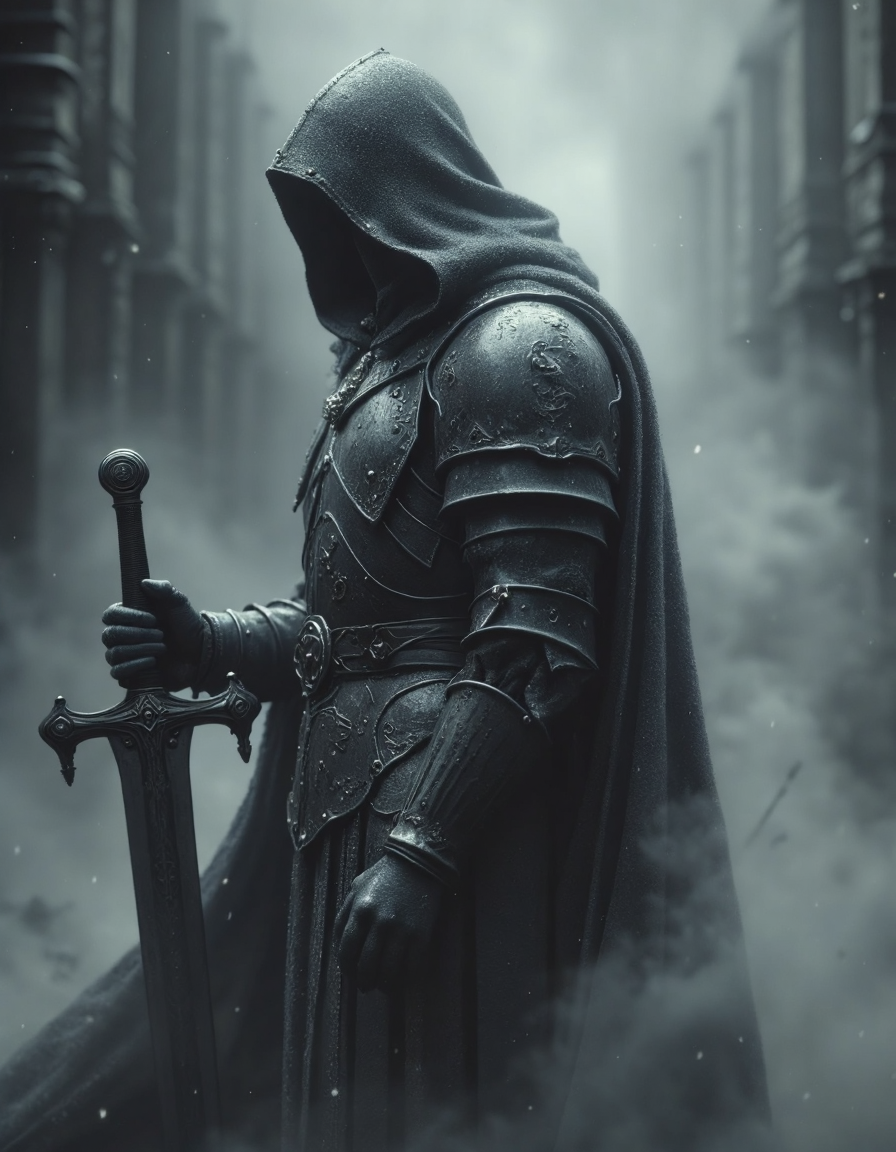 Dark armored figure, holding large sword, positioned left of center, profile view, looking slightly downward, detailed armor, shrouded in mist, muted gray-toned palette, overcast lighting, epic fantasy style, dramatic composition, atmospheric perspective, windswept effect, detailed textures, photorealistic, highly detailed, 8k resolution, stormy clouds, cold wintry atmosphere, medieval knight, HKMagic, <lora:Dever_Flux_Enhancer:0.6>, <lora:FantasyWizardWitchesFluxV2-000001:0.8>