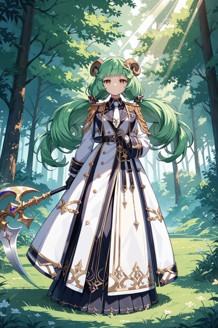 score_max, (score_9, score_8_up, score_7_up:1.2), score_6_up, official art, source_anime,
, masterpiece, absurdres, high detail, 8k,
forest, grass, god rays,
standing, holding scythe, planted scythe, expressionless,
rutika, green hair, twintails, sheep horns, military uniform, hair ornament, white jacket, white dress, long sleeves, white necktie, black gloves, belt, long skirt, epaulettes, gold trim
<lora:XL_Pony_gomaotsu-lucchica-t2:1>