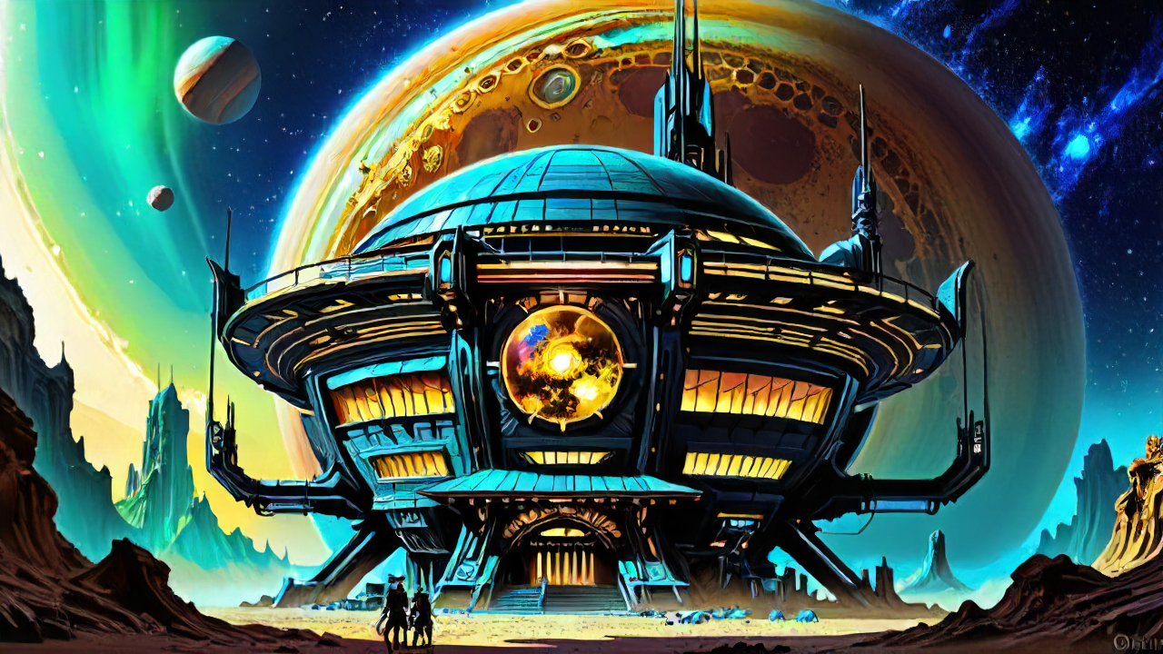 building, <lora:CulturePunkAI_3:0.6>, CattlePunkAI, stylized by Noriyoshi Ohrai, architecture of a Planet Jupiter, anthropomorphic, ethereal magical atmosphere, concept art, robotic, alien, ultrasharp, enchanted, dynamic cinematic color, gorgeous, epic composition, elegant, fine artistic composition, enhanced quality, detailed