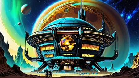 building, <lora:CulturePunkAI_3:0.6>, CattlePunkAI, stylized by Noriyoshi Ohrai, architecture of a Planet Jupiter, anthropomorphic, ethereal magical atmosphere, concept art, robotic, alien, ultrasharp, enchanted, dynamic cinematic color, gorgeous, epic composition, elegant, fine artistic composition, enhanced quality, detailed