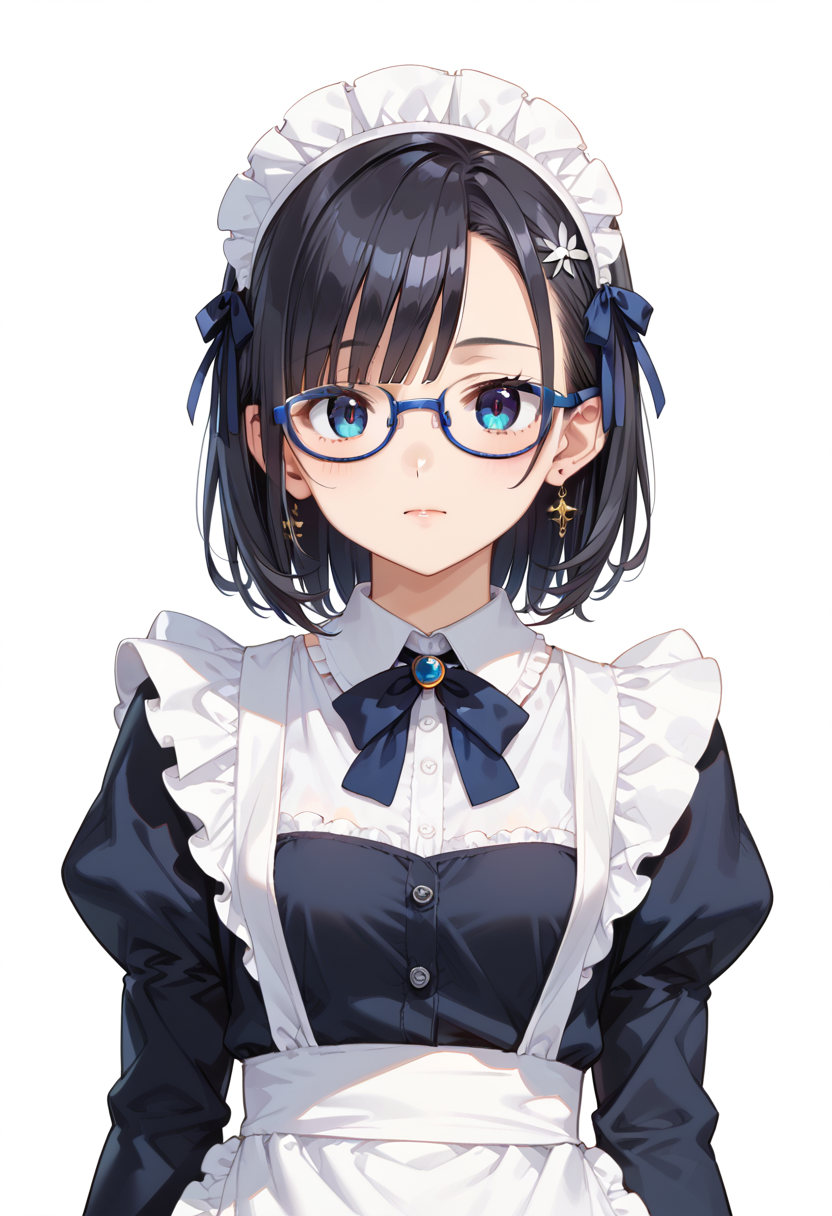 score_9, score_8_up, score_7_up, rating_safe, masterpiece, best quality, absurdres, unity 8k wallpaper, official art, official style, source_anime, uncensored, game cg, megami magazine,
1girl, solo, black hair, medium hair, upper body, covered eyes,maid, maid headdress, black dress, maid apron, face focus,
oval_metal, glasses, still life, white background, simple background, blue-framed eyewear,
 <lora:glasses_OvalMetal2_PONY_V1:1>