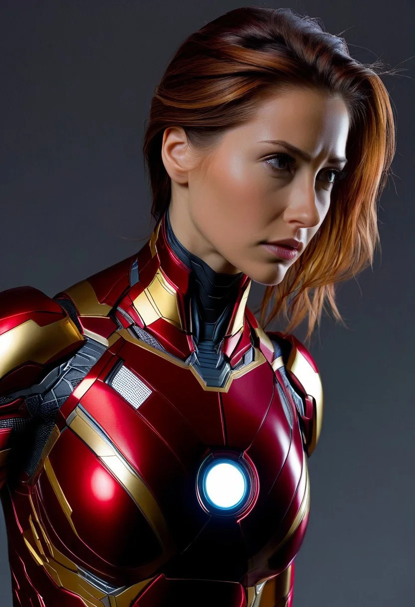 A woman's upper body is clad in a sleek, hyper-realistic Ironman suit, with metallic red and gold armor plating glistening under soft, cinematic lighting, set against a blurred, dark grey background, with a shallow depth of field, emphasizing the intricate details of the suit's texture and the subject's determined expression, in a photorealistic style reminiscent of a high-end digital painting.