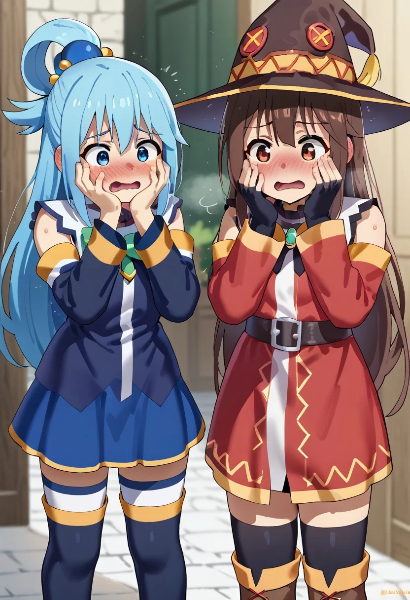score_9,score_8_up,score_7_up, 2 girl, Megumin (konosuba), Aqua (konosuba), 1 girl, Brown hair, red eyes, fully clothed, robe, hat, gloves, stockings, boots, standing nearby, in shock, eyes wide open, blush on her face, mouth wide open, hands on her face, standing on her feet, legs slightly bent BREAK,<lora:mizumizuni_style_pdxl_goofy:1>Aqua (konosuba), 2 girl, :/, blue hair, dressed in her own clothes,