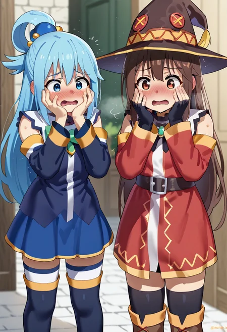 score_9,score_8_up,score_7_up, 2 girl, Megumin (konosuba), Aqua (konosuba), 1 girl, Brown hair, red eyes, fully clothed, robe, hat, gloves, stockings, boots, standing nearby, in shock, eyes wide open, blush on her face, mouth wide open, hands on her face, standing on her feet, legs slightly bent BREAK,<lora:mizumizuni_style_pdxl_goofy:1>Aqua (konosuba), 2 girl, :/, blue hair, dressed in her own clothes,
