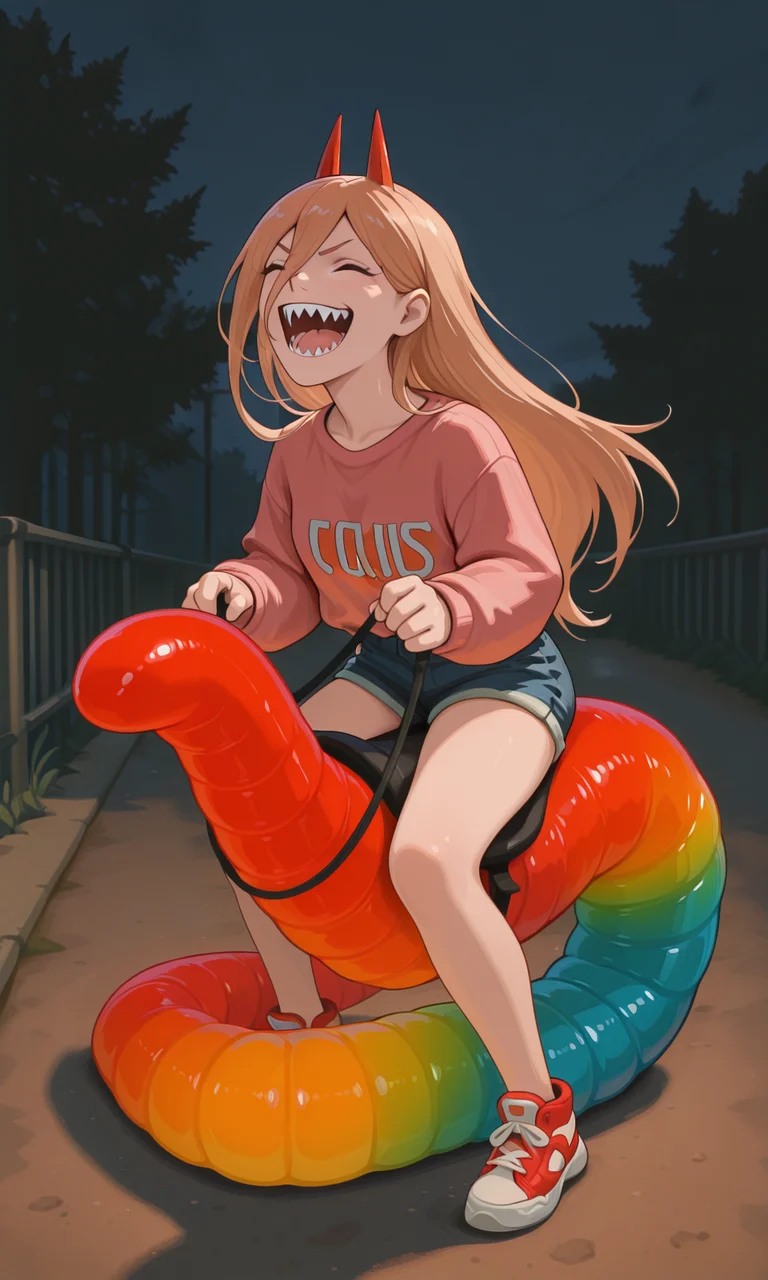 embedding:IllusP0s, g00se, riding gummy worm, reigns, power_\(chainsaw man\), laughing, sharp teeth, pink sweater, jean shorts, sneakers, outdoors, night, close-up, 1girl, solo,<lora:g00se_v2_ill.safetensors:0.9:0.9> <lora:riding gummy worm_reigns_illustrious.safetensors:1:1>