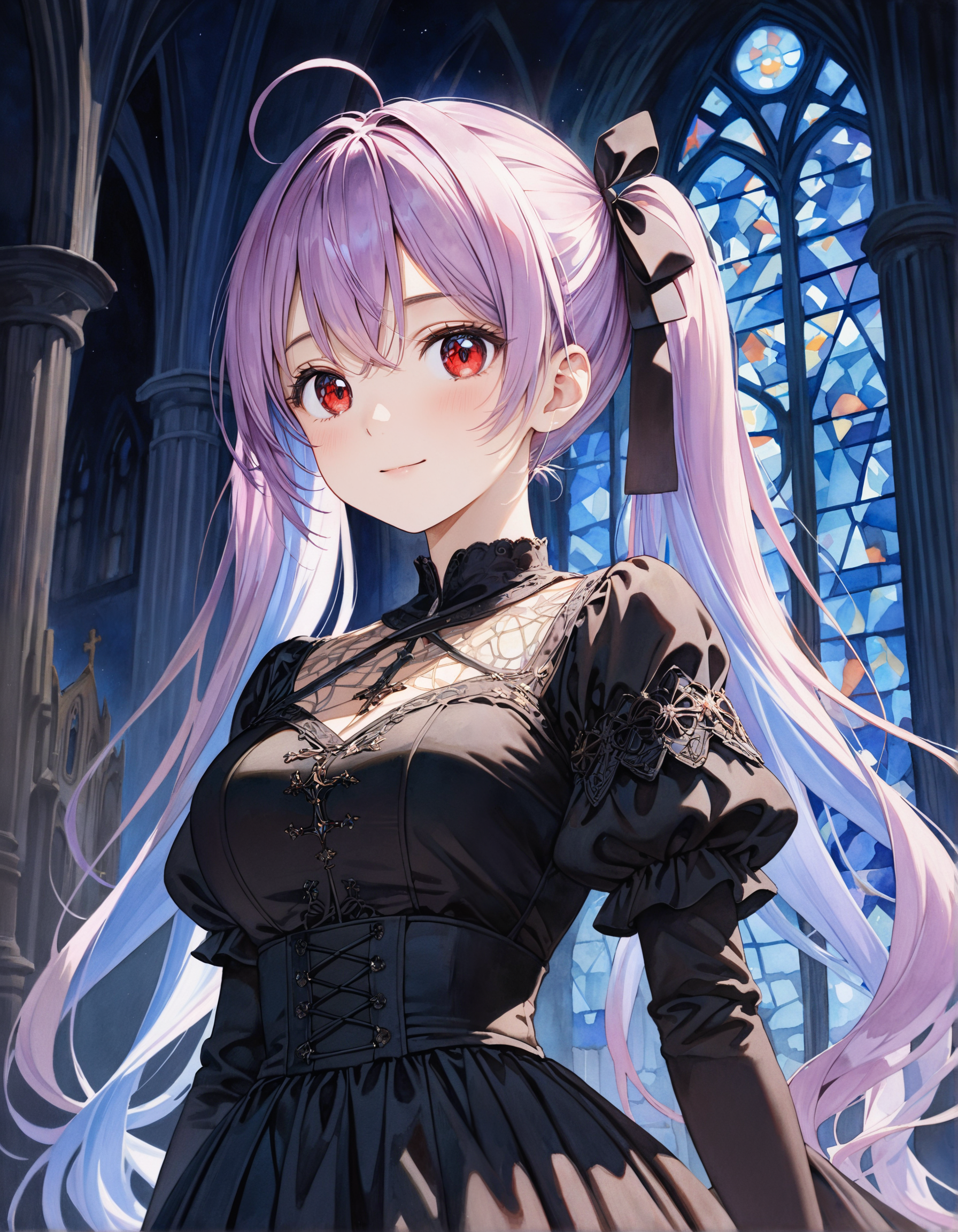 SceneDescription:
  - Composition: Upper body shot. Cinematic angle.
  - Subject: A 18YO girl.
    - Characteristics:
      - Face: (Cute round face:1.1).
      - Eyes: Detailed dark-red eyes.
      - Hair: Long wavy high (twintail:1.2) with black ribbon ornament, (light purple hair), (light purple inner hair), ahoge and hair between eyes.
      - Body: Detailed body. (Large breasts:1.1).
      - Clothing: Black gothic dress, ruffled short sleeves and layerd skirt.
      - Expression: Light smile. Close mouth.
      - Posing: Stylish pose. Looking at viewer.
  - Background: Inside medieval church.
    - Elements: Stained glass.
Time: (Night:1.2).
Lighting: (Blue hour light:1.4).
ArtStyle: Gothic style. Watercolor. Traditional media. Blurry. Pale pastel colors.
Quality: Intricate details. Extremely detailed. Outstanding intricacies. (Masterpiece:1.2). (Best quality:1.2). (Absurdres absolutely resolution:1.4).
Mood: Serene atmosphere.
<lora:flat_sdxl:-0.45>