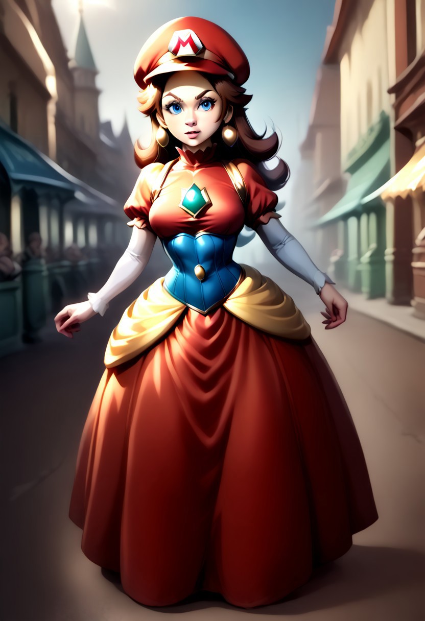 <lora:MtF_Genderswap:1>, genderswap \(mtf\), Mario, facing forward, mario hat, adult woman, extremely large nose, extremely bulbous nose, very wide face, circular head shape, wide chin, wide jawline, brown hair, lightly curly hair, blue eyes, average bust, wide hips, super crown, princess dress, red dress with blue accents, style-princess, underbust corset, fully clothed, zPDXL, score_9, score_8_up, score_7_up, score_6_up, score_5_up, score_4_up,
full body render, full body, photorealistic image, realistic image, high quality, detailed face, realistic human proportions, detailed clothes,