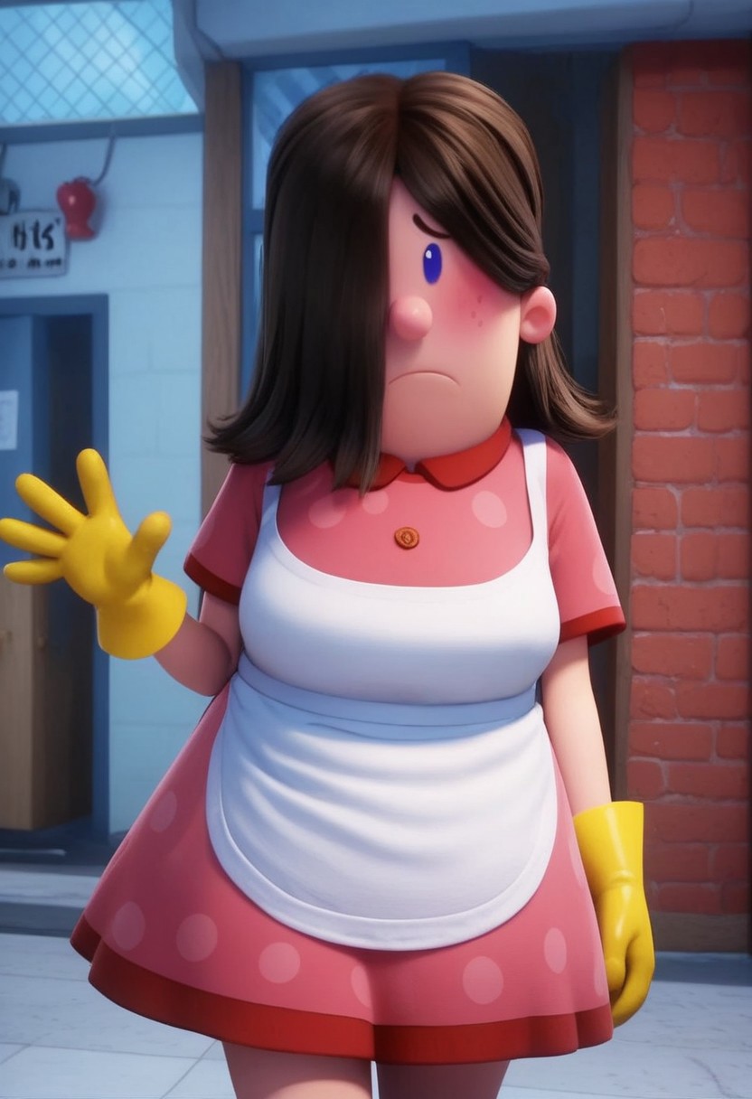 edith (captain underpants), 1girl, dark brown hair, hair over one eye, hair covering one eye, dot blue eyes, freckles, blush, pink polka dot dress, short sleeves, white apron, yellow dishwashing gloves, pink mary janes, white socks, plump, Expressiveh, shy, score_8_up, score_7_up, BREAK, 1girl, solo, looking at viewer, cute, walking, waving at viewer, female focus, looking at viewer, detailed background, 4k, masterpiece, best quality, highly detailed, realistic, 3d, full shot