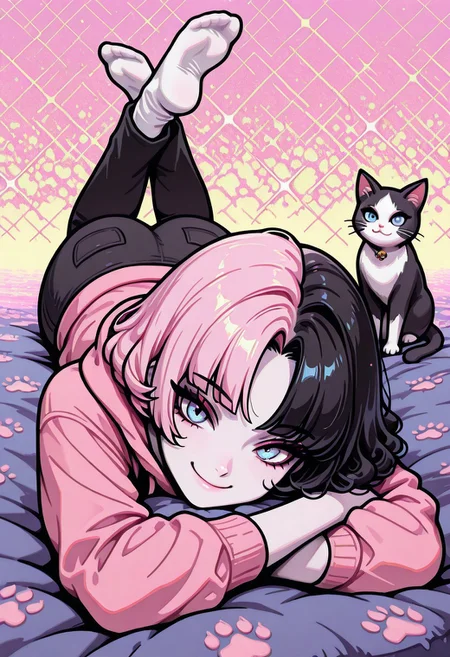 masterpiece, best quality, 32k, high resolution, absurdres, vector art, flat colors, s1n0p0p, in the style of Jedpstgl, Impressionism, Vaporwave,Pixel Art, Sabrina, SabrinaRH, short hair, bobcut, ((Pink-black) split hair, split-color hair,) curled hair tips, parted bangs, blue eyes, medium breasts, pale skin, pink hoodie, cats paw print, pants, dual color background (pink-black) , abstracts, cowboy shot, looking at the viewer,, smiling, cat, cuddling, laying on stomach, head resting, feet up, socks, focus on face, face closeup,