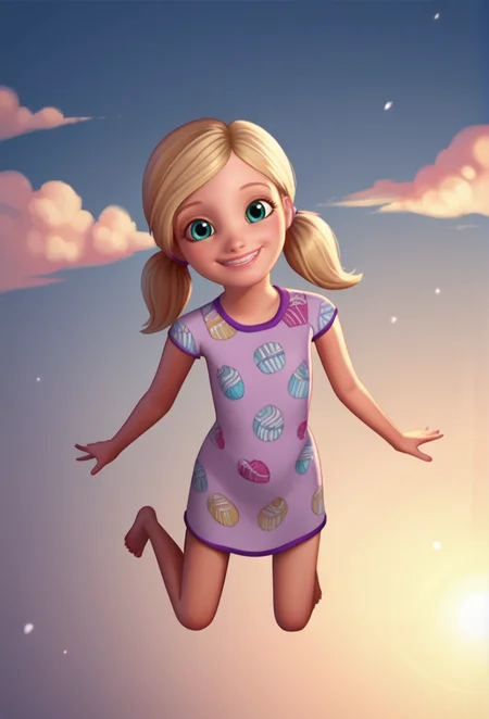 score_9, score_8_up, score_7_up, score_6_up, source_cartoon, best quality, 1girl, solo, full body, chelsea_pony_sleepwear, blonde hair, aqua eyes, twintails, short twintails, dress, barefoot, dynamic pose, dynamic angle, looking at viewer, smile, bouncing in the clouds, happy, fun, above the clouds, sun, fluffy pink clouds, dynamic angle, looking at viewer, volumetric lighting , cinematic ,smile, detailed background, 
<lora:Chelsea_Roberts_-_PONY-V2:1><lora:hand 5.5:1>