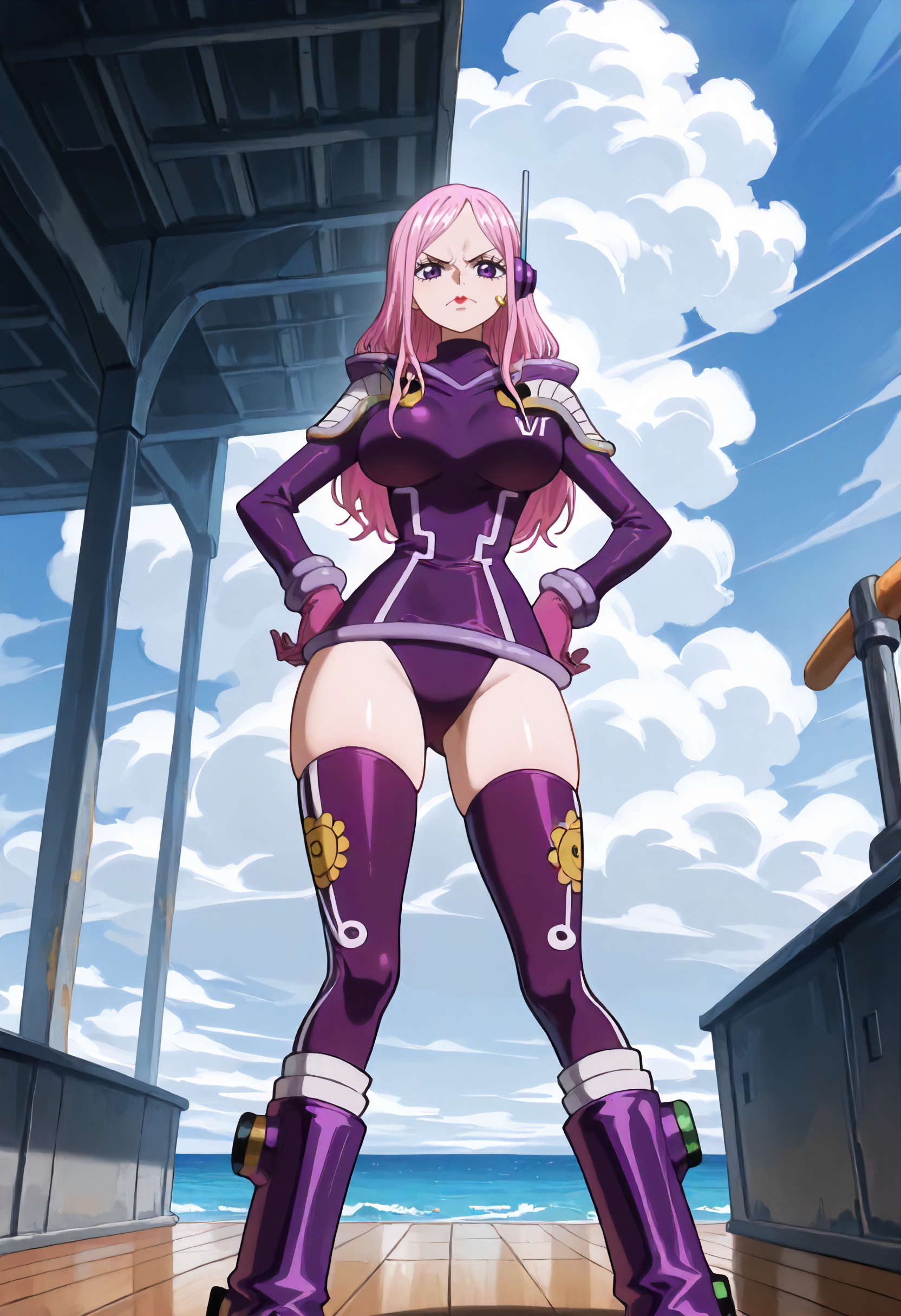 masterpiece, best quality, amazing quality, very aesthetic, absurdres, newest, scenery, volumetric lighting, ultra detailed, anime
1girl, Bonney_EH, solo, pink hair, long hair, cheekbone piercing, middle lipstick, purple eyes, 
purple bodysuit, single headphone, pink gloves, hood, belt, thigh cut, purple thigh highs, egghead boots,
standing, looking at viewer, hands on hips, from below,
outdoors, wooden floor, clouds, sky, ocean, detailed background, beautiful frame,
<lora:Bonnie_-_One_Piece_-_Illustrious:1>
masterpiece, best quality, amazing quality, very aesthetic, absurdres, newest, scenery, volumetric lighting, ultra detailed,